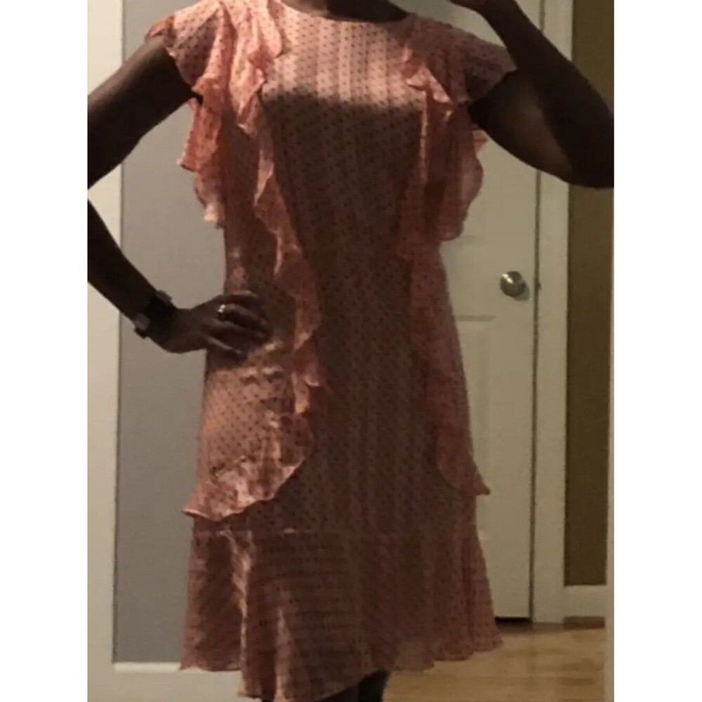 Monique Lhullier Chiffon Mini Dress Pink w/ Red Polka Dots Retro Dainty Ruffles - Picture 10 of 11